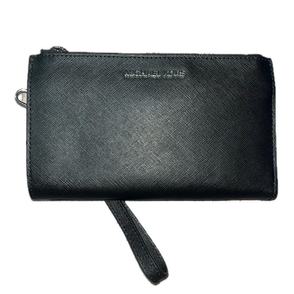 Michael Kors Black Leather Jet Set Double Zip Wallet Wristlet Silver-Tone Accent